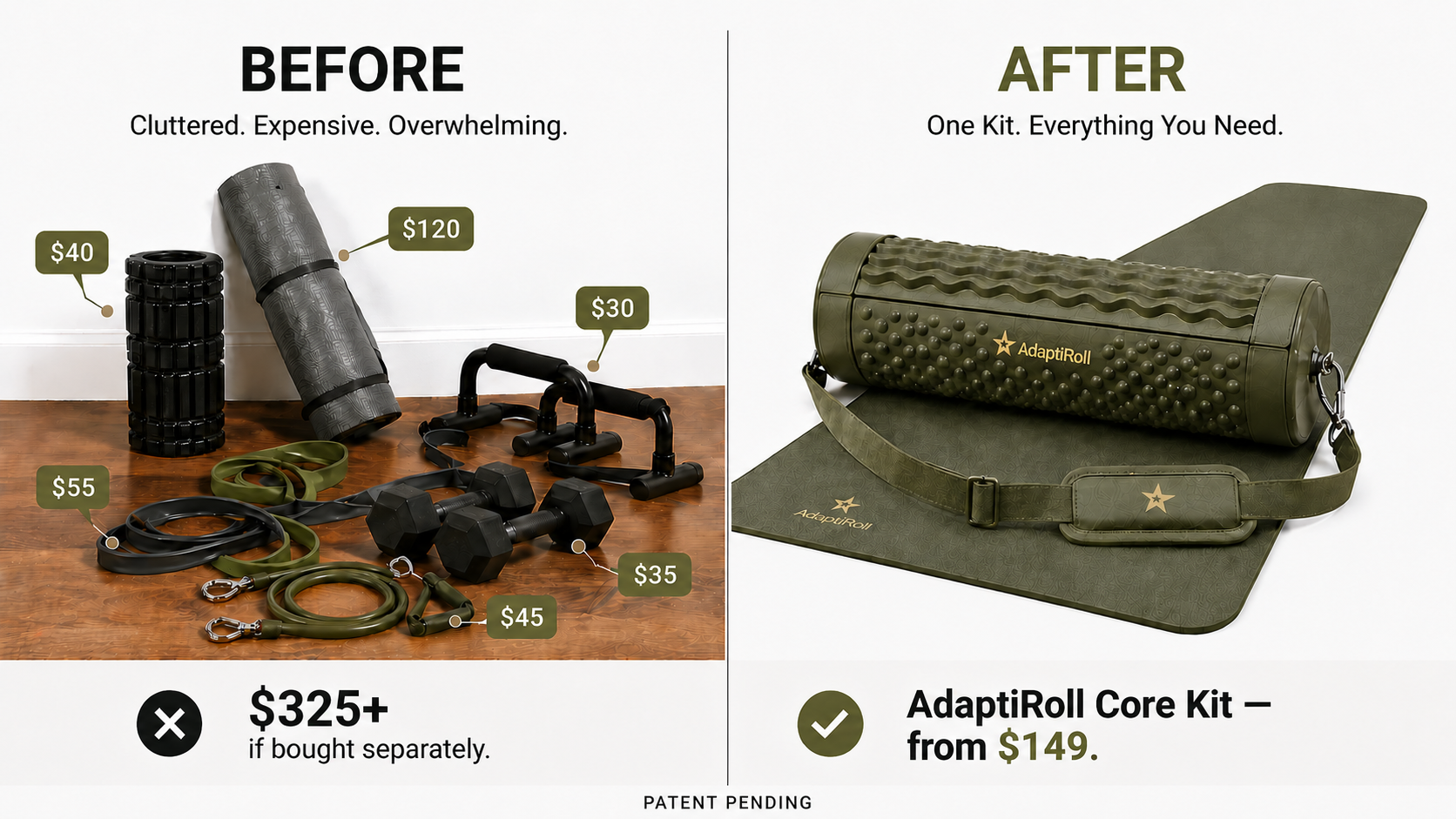 Before: Cluttered Expensive Equipment — After: AdaptiRoll Core Kit from $149